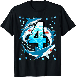 Shark 4th Birthday Boy 4 Four Shark Theme Party T-Shirt - T-Shirt | Black