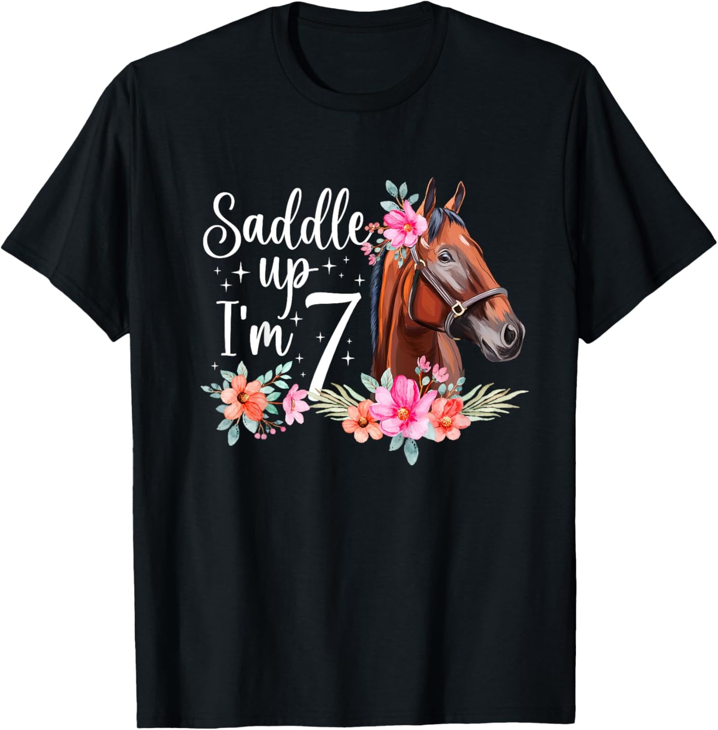 Kids 7th Horse Birthday Seven Year Old Girl Horses Birthday T-Shirt - T-Shirt | Black
