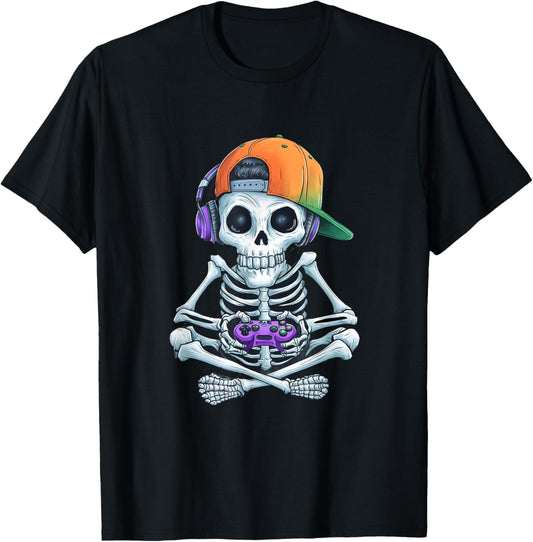 Gaming Skeleton Halloween Funny Gamer Boys kids Men T-Shirt - T-Shirt | Black