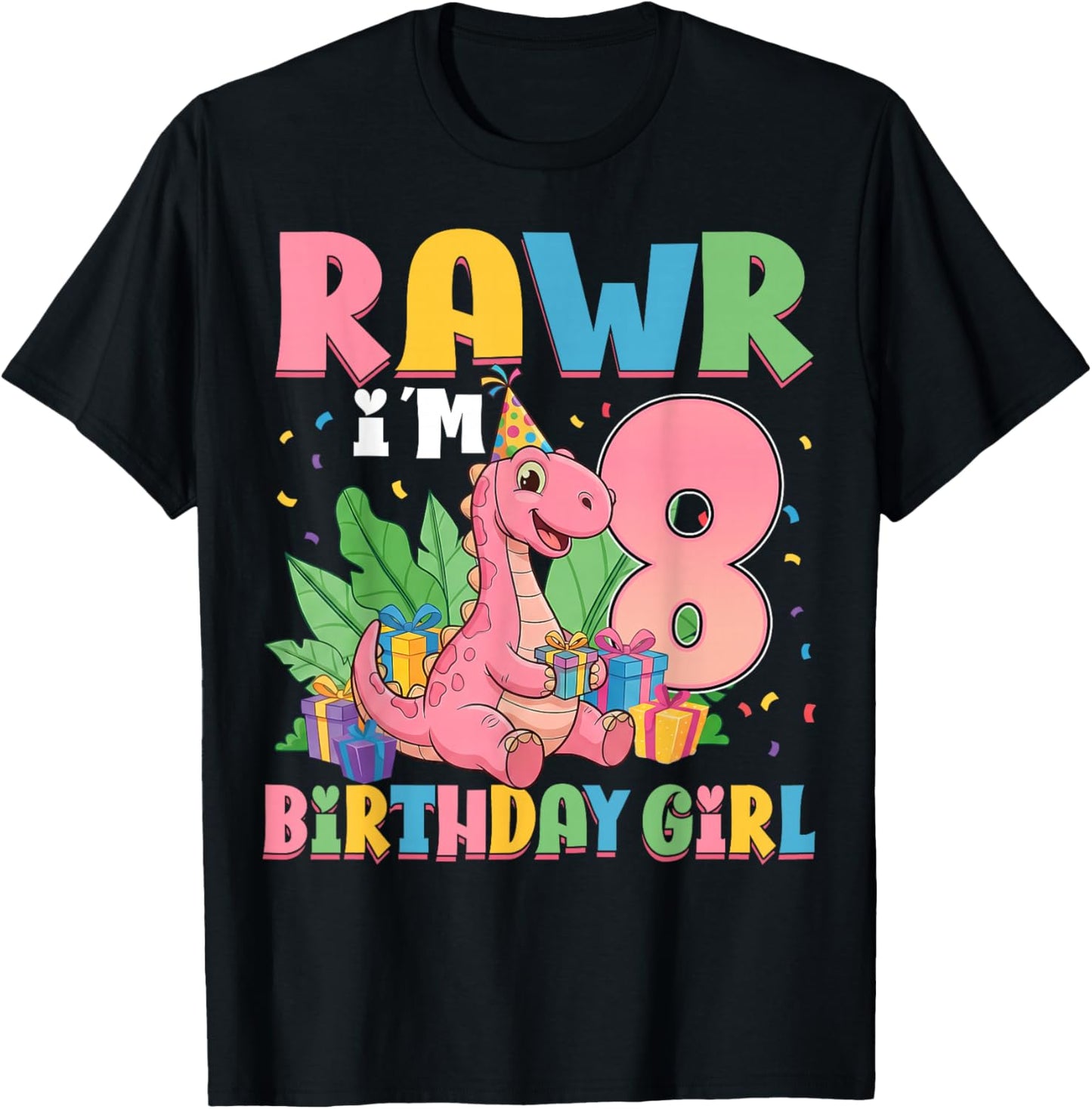 8 Years Old Birthday Girl Dinosaur 8th Birthday Party T-Shirt - T-Shirt | Black