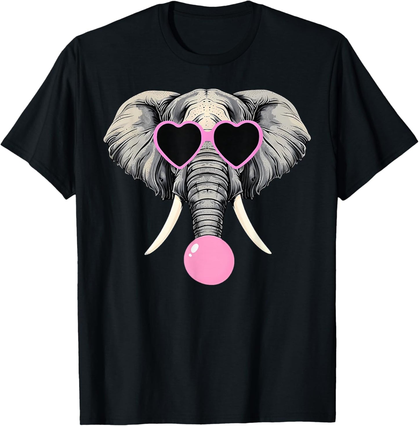Funny Elephant Wearing Glasses and Blowing Pink Bubble Gum T-Shirt - T-Shirt | Black