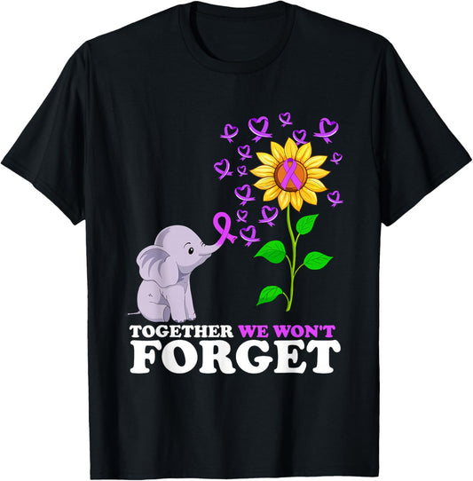 Elephant Purple Ribbon End Alzheimer's Awareness Sunflower T-Shirt - T-Shirt | Black