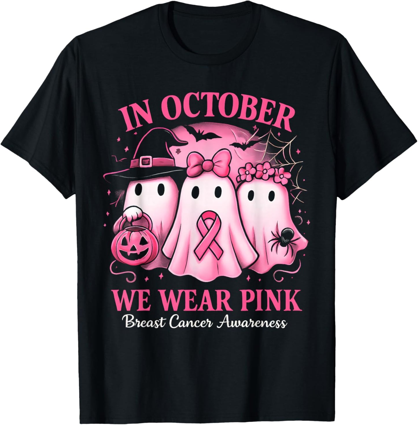 in October We Wear Pink Ghost Halloween Women Breast Cancer T-Shirt - T-Shirt | Black