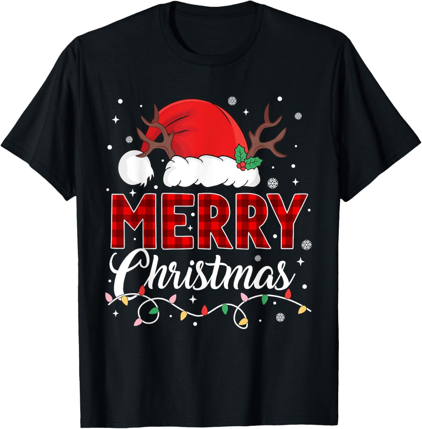 Merry Christmas Lights Red Santa Hat Xmas Family Men Women T-Shirt - T-Shirt | Black