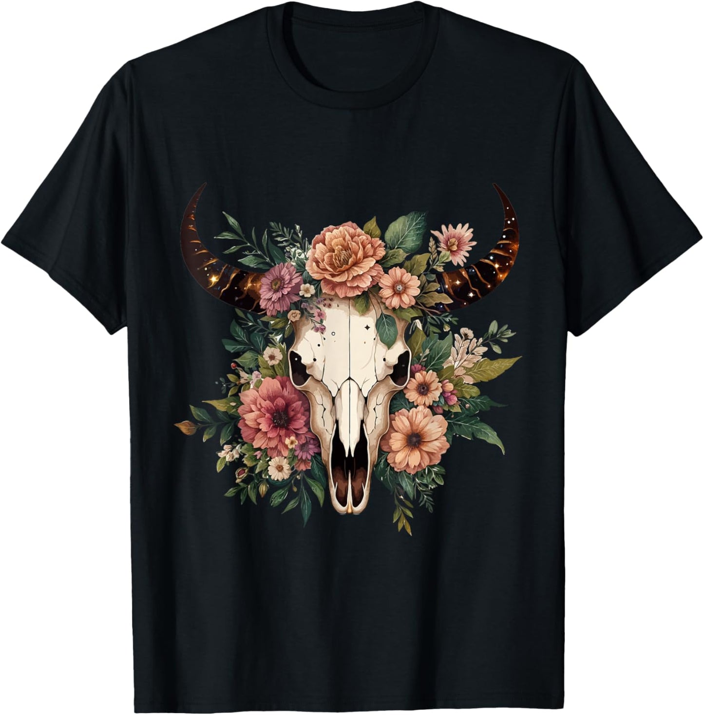 Boho Cow Bull Skull Flowers Wild west Western Cowgirl Texans T-Shirt - T-Shirt | Black