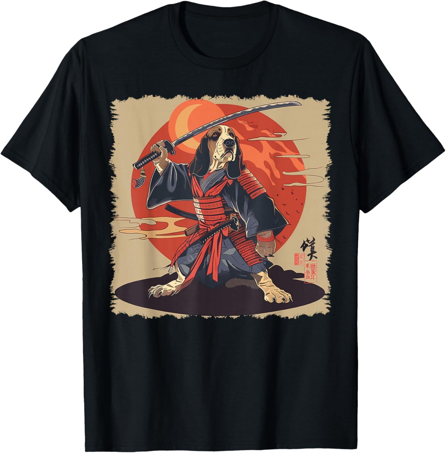 Basset Hound Dog Japanese Art Samurai Ukiyo-e T-Shirt - T-Shirt | Black