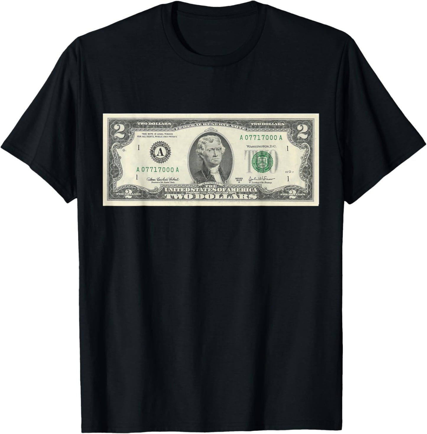 Official $2 Dollar Bill Vintage Money Design Cash Currency T-Shirt - T-Shirt | Black