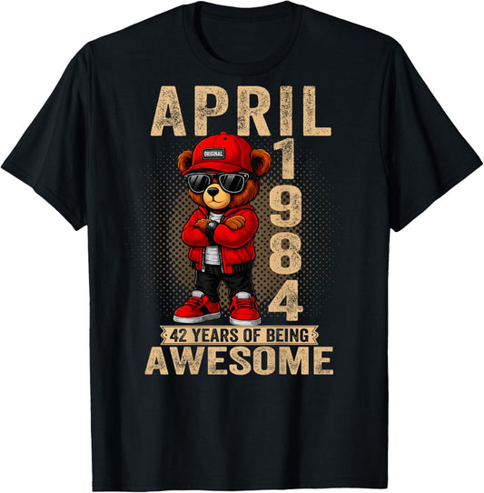 On Back Teddy Bear - April 1984-42nd Birthday - 42 Years T-Shirt - T-Shirt | Black