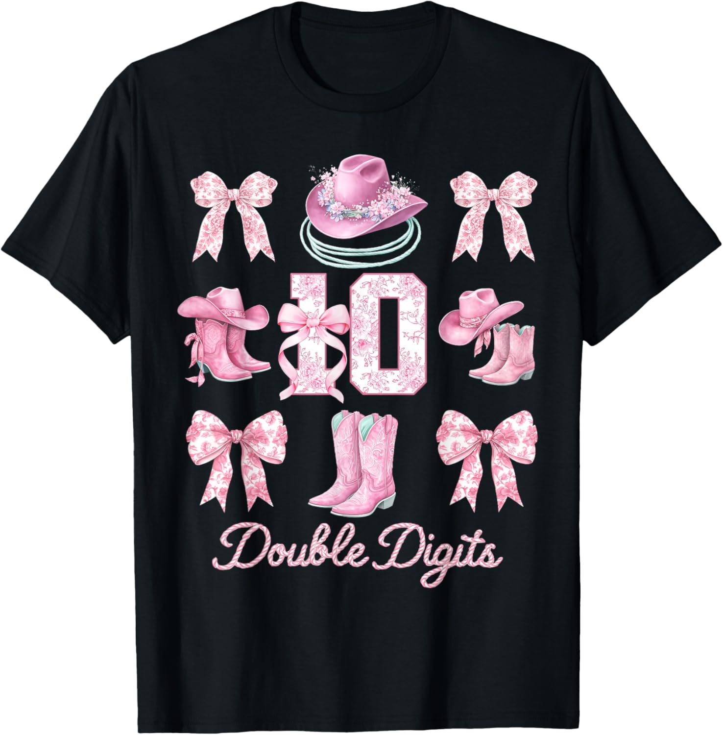 10th Birthday Girl Cowgirl Coquette Bow Rodeo Western Bday T-Shirt - T-Shirt | Black