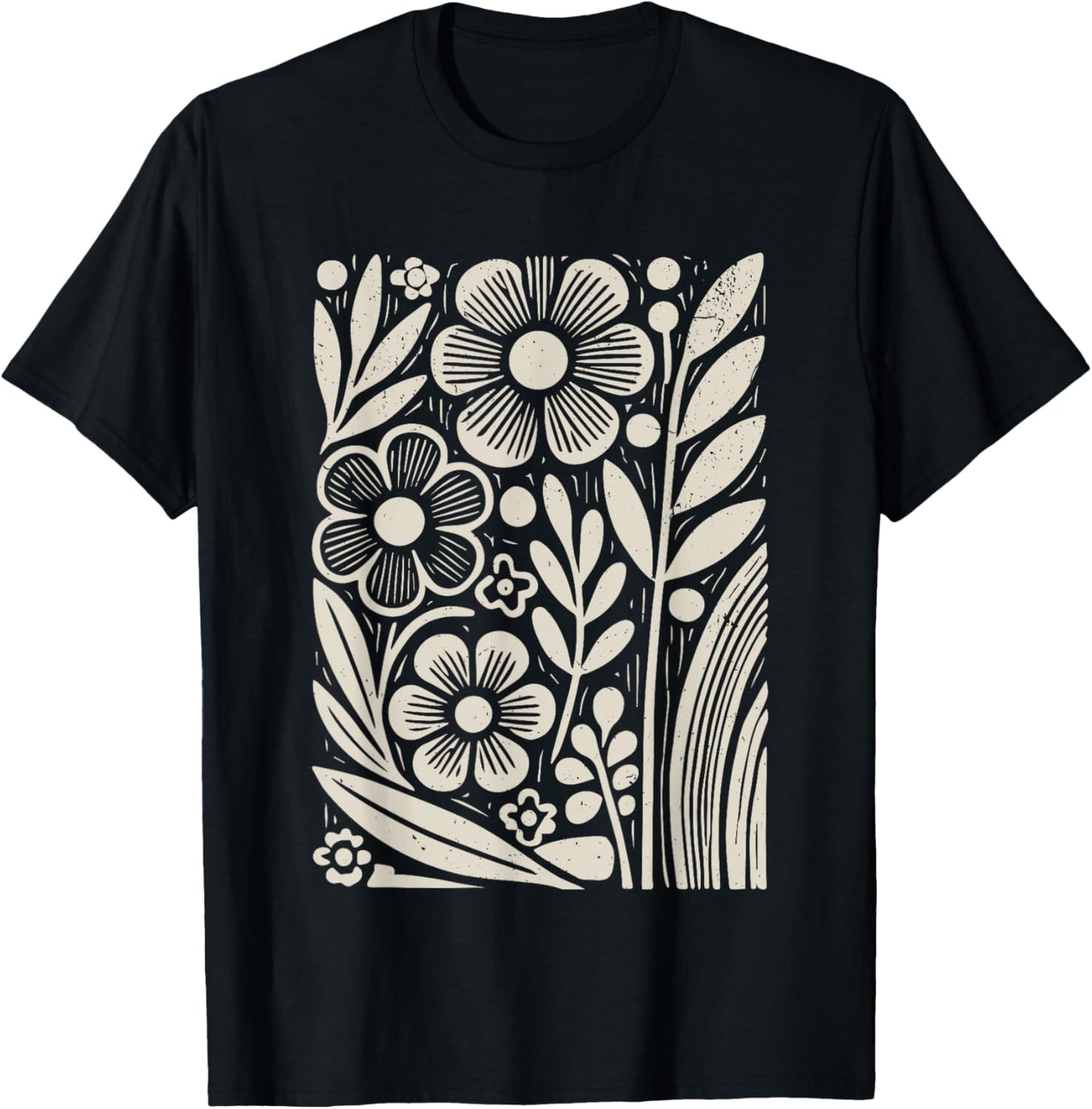 Botanical Floral Line Art Minimalist Nature Linocut Print T-Shirt - T-Shirt | Black