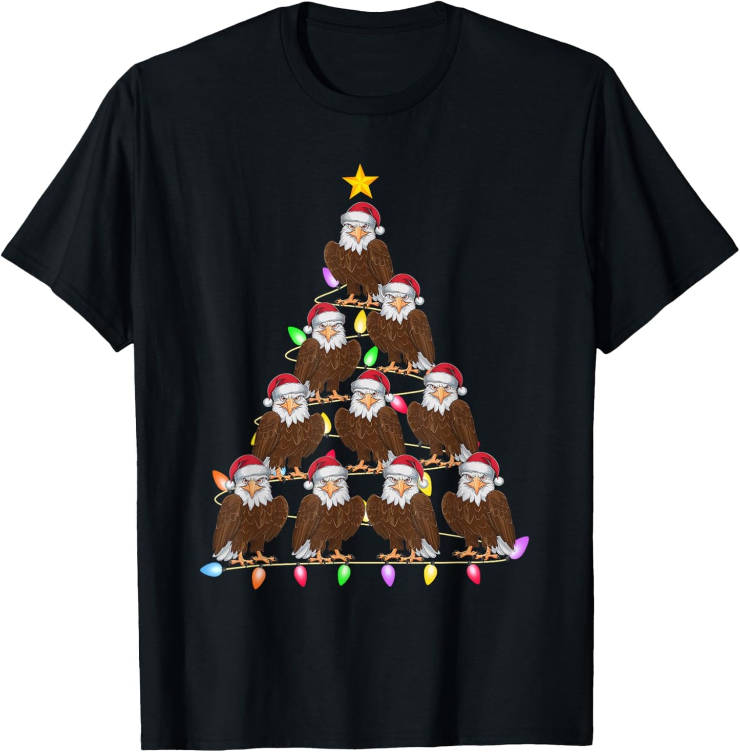 Christmas Tree Lights Men Women Santa Eagle Xmas PJs T-Shirt - T-Shirt | Black