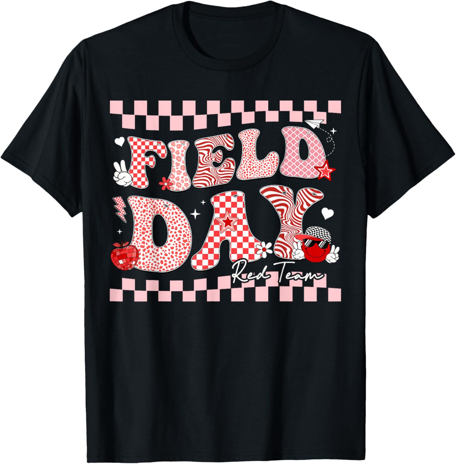 Field Day Red Team Smile Face Retro Men Women Kids T-Shirt - T-Shirt | Black