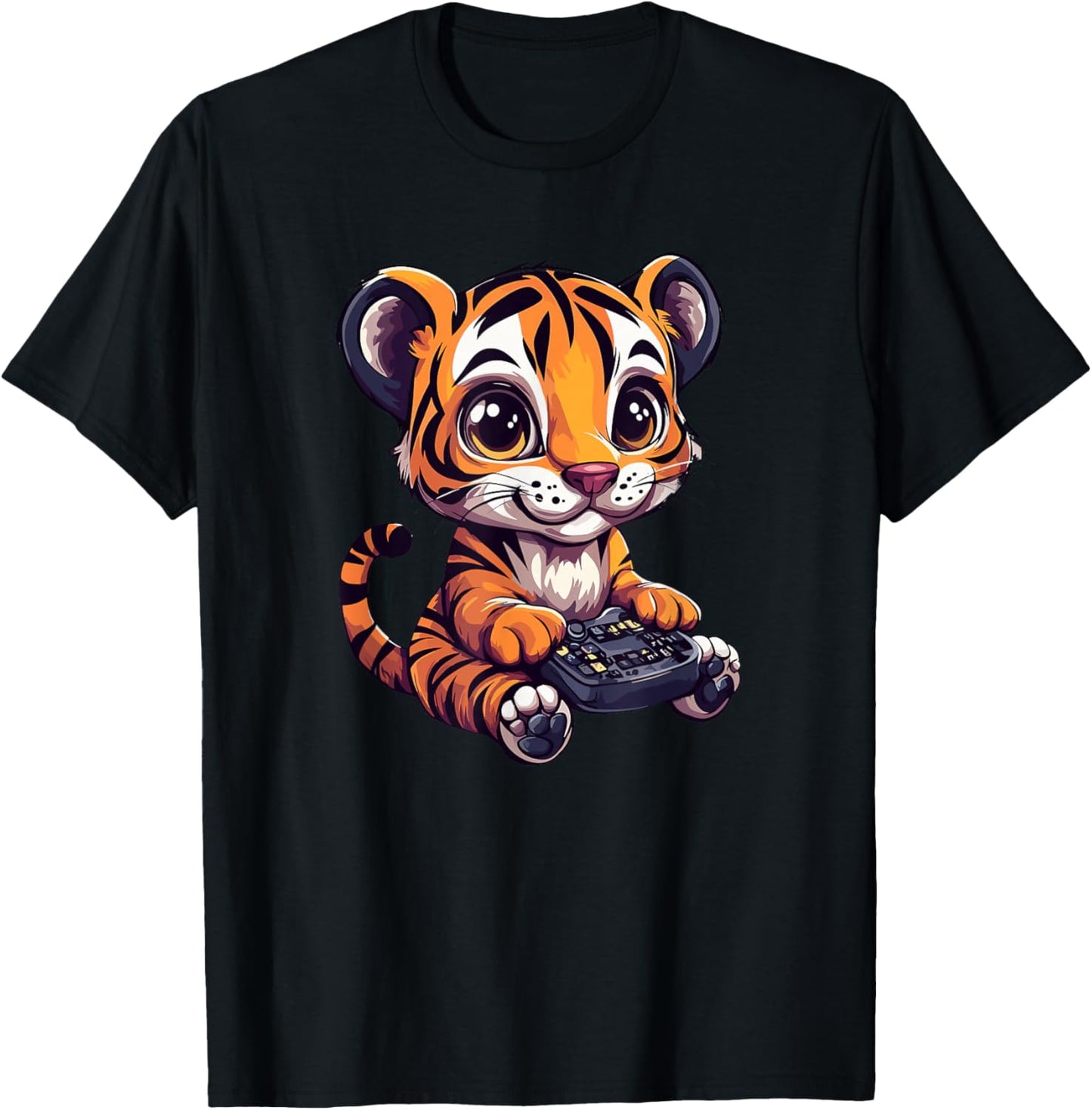Cute Tiger Playing Video Games Fun T-Shirt - T-Shirt | Black