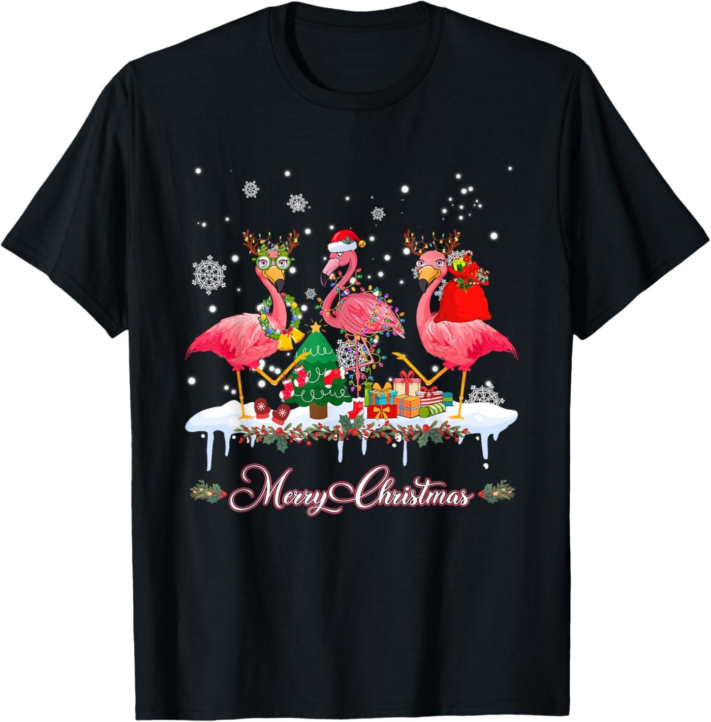 Merry Christmas Hat Santa Flamingo Light Christmas Snow T-Shirt - T-Shirt | Black