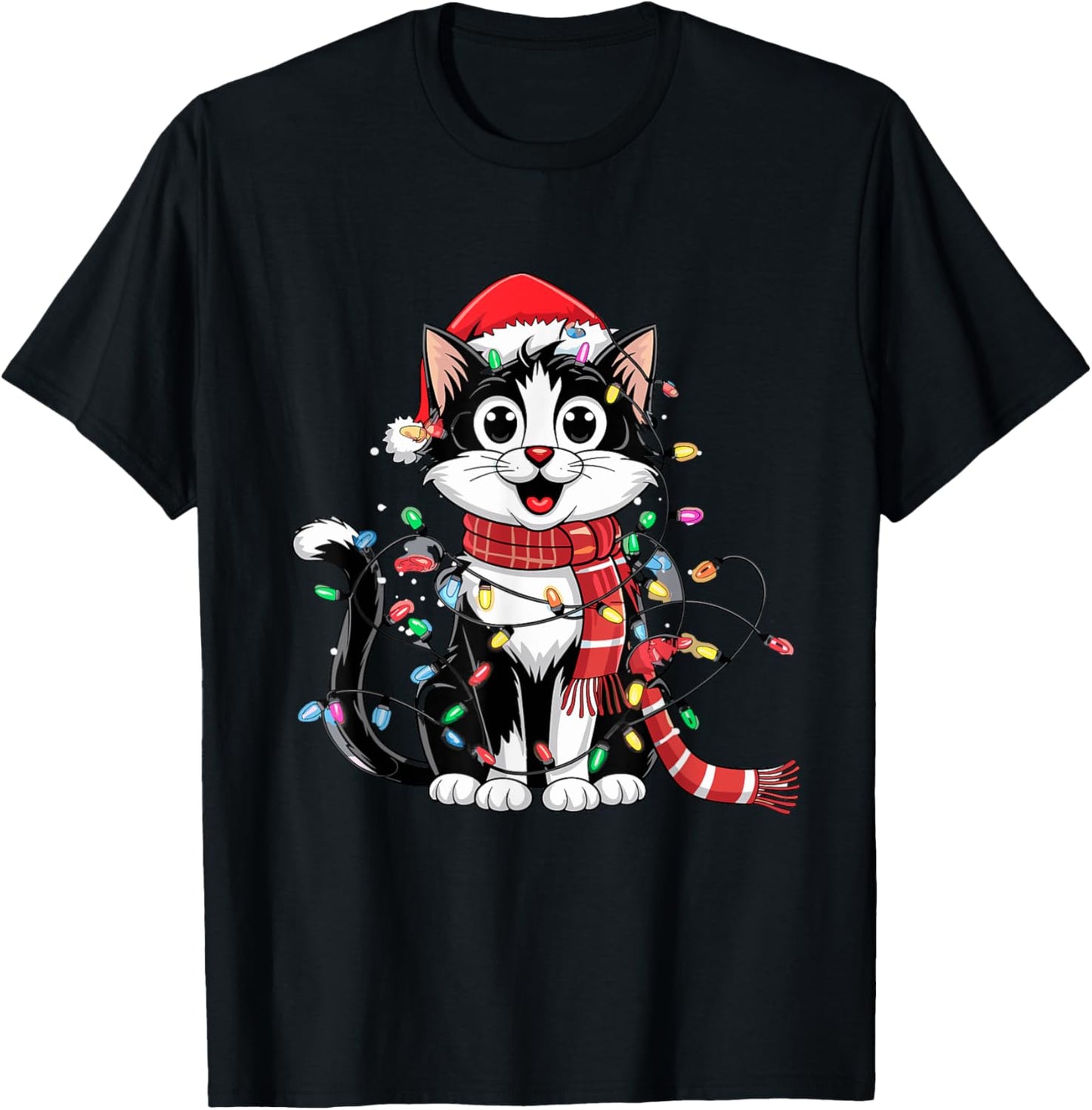 Cute Black and White Cat Christmas T-Shirt - T-Shirt | Black
