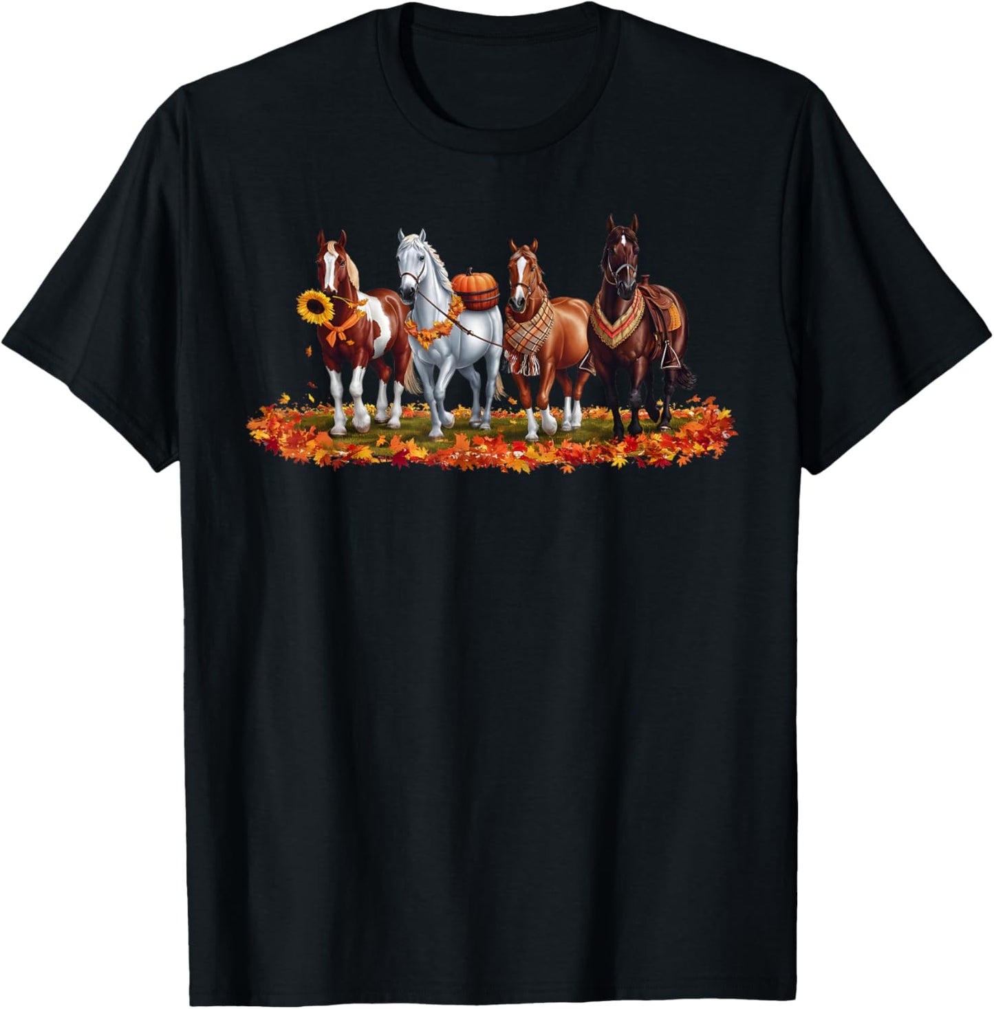 Fall Horse Animal Thanksgiving Sunflowers Pumpkin Leaves T-Shirt - T-Shirt | Black