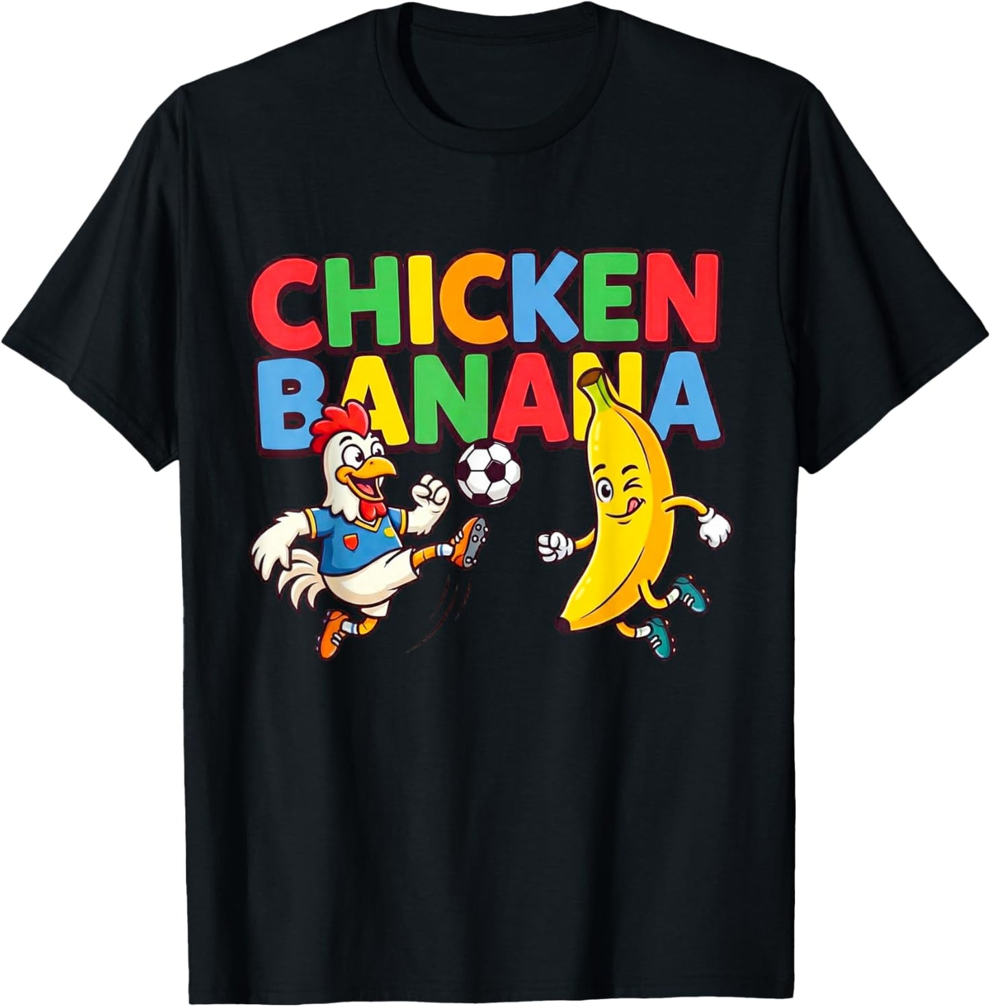 Funny Cartoon Chicken Banana Football Graphic T-Shirt - T-Shirt | Black