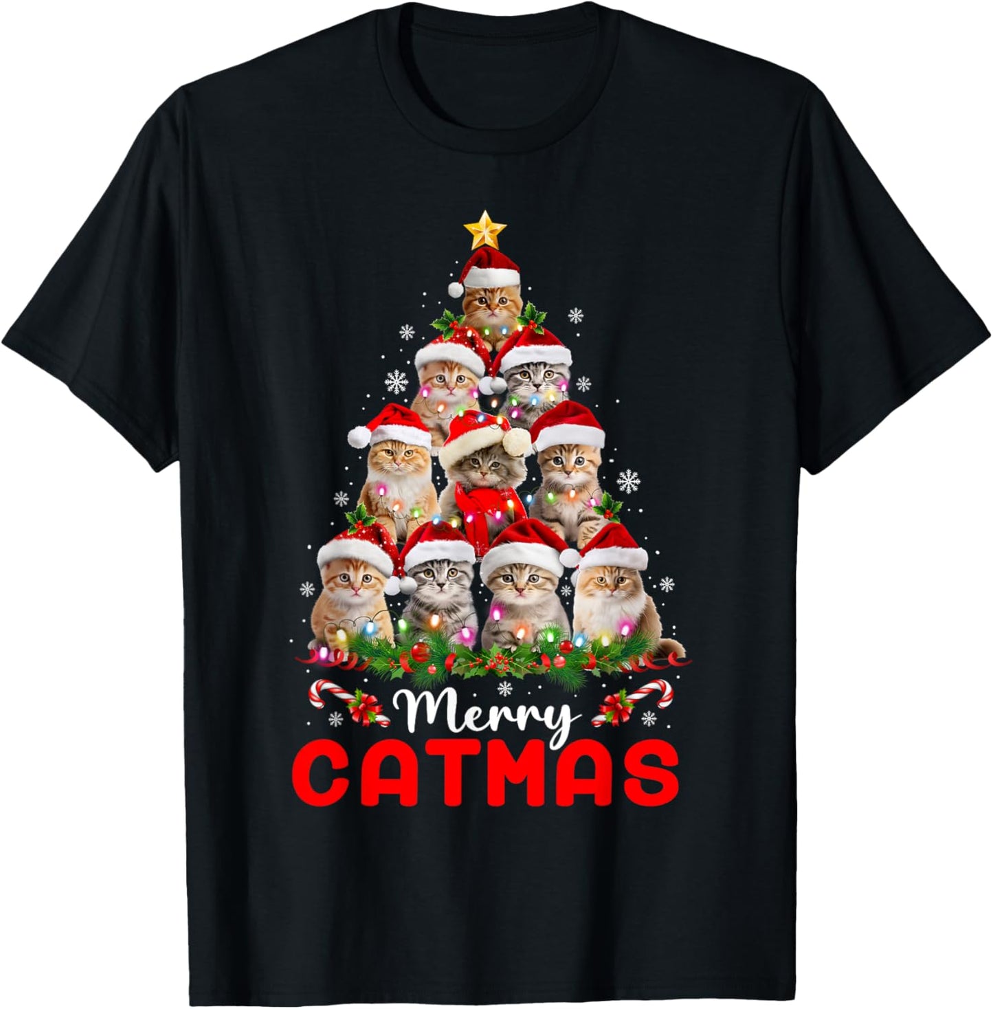 Meowy Catmas Cat Christmas Tree Lights Funny Xmas Pajamas T-Shirt - T-Shirt | Black