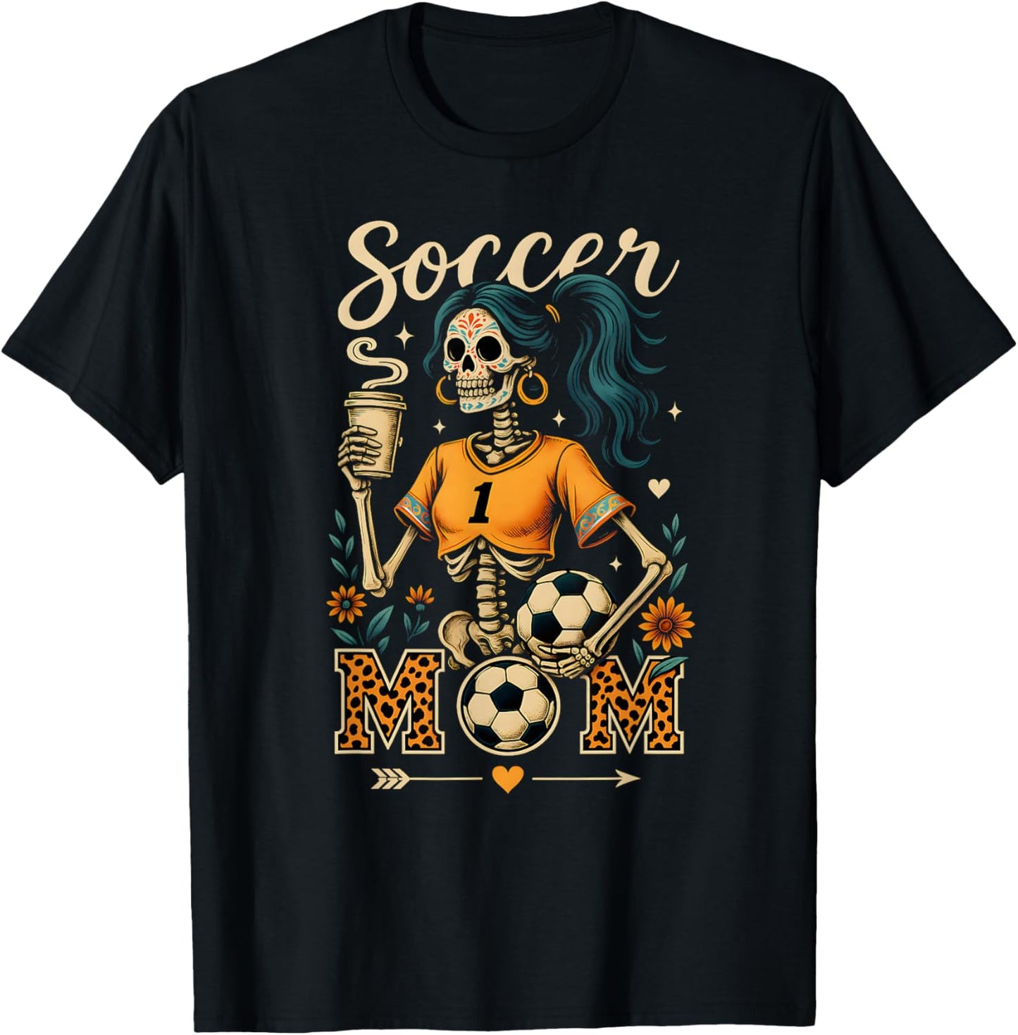 Soccer Mom Skeleton Coffee Leopard Style Vintage Halloween T-Shirt - T-Shirt | Black