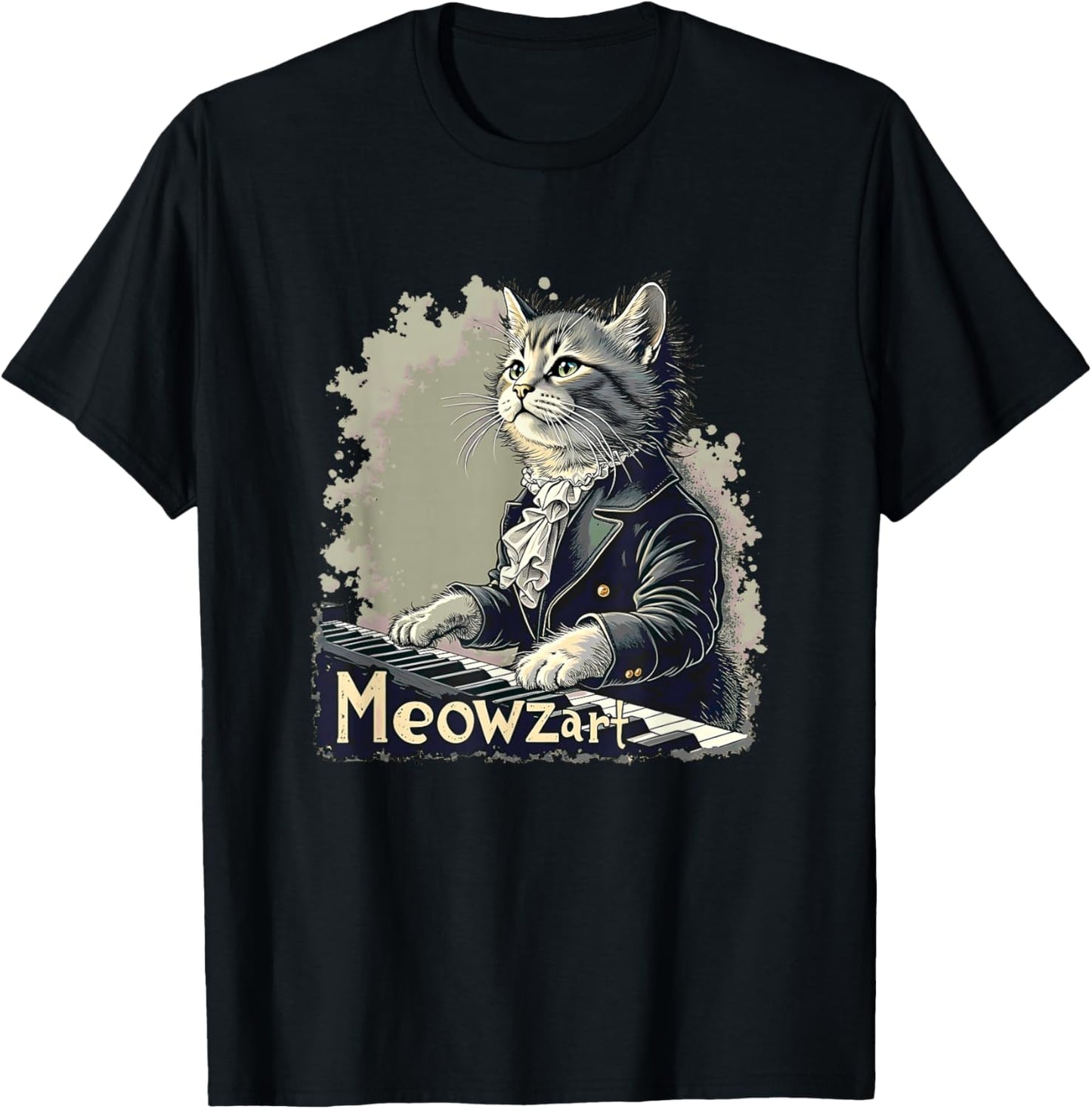 Meowzart Cat Mozart Piano Composer Classical Music Pianist T-Shirt - T-Shirt | Black