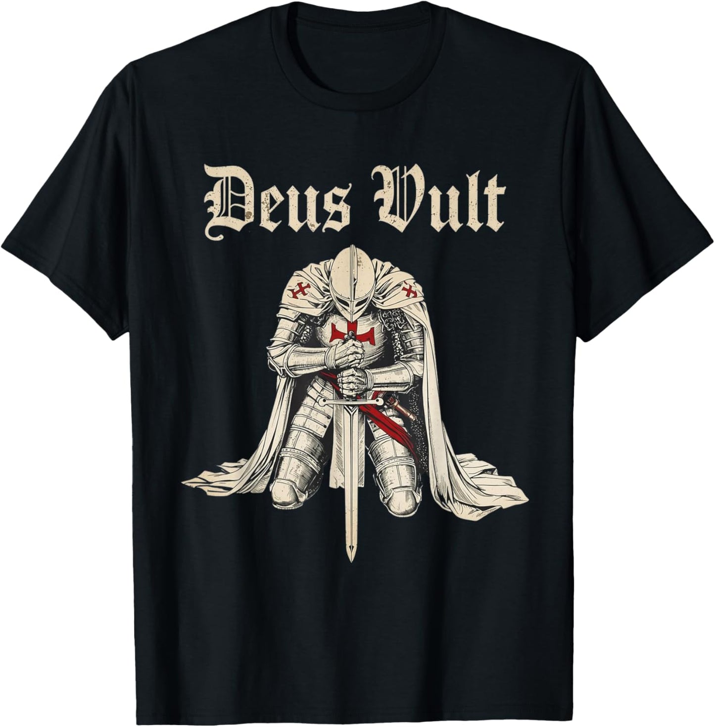Vintage Deus Vult Templar Knight of The Crusades T-Shirt - T-Shirt | Black