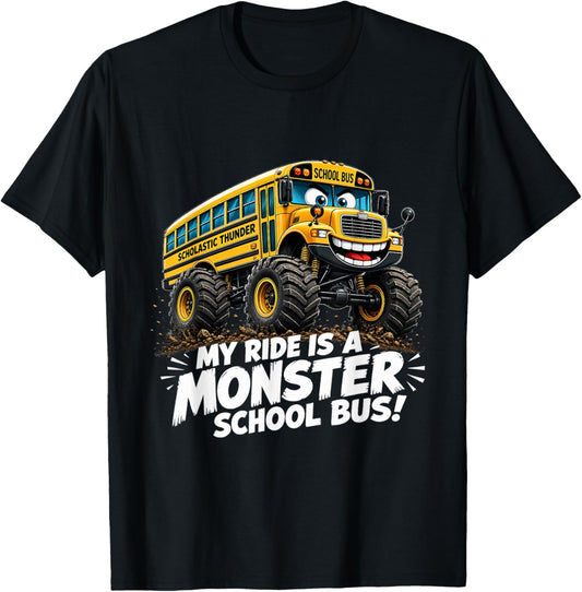 Monster School Bus Ride Funny Kids Big Wheel Truck Lover T-Shirt - T-Shirt | Black