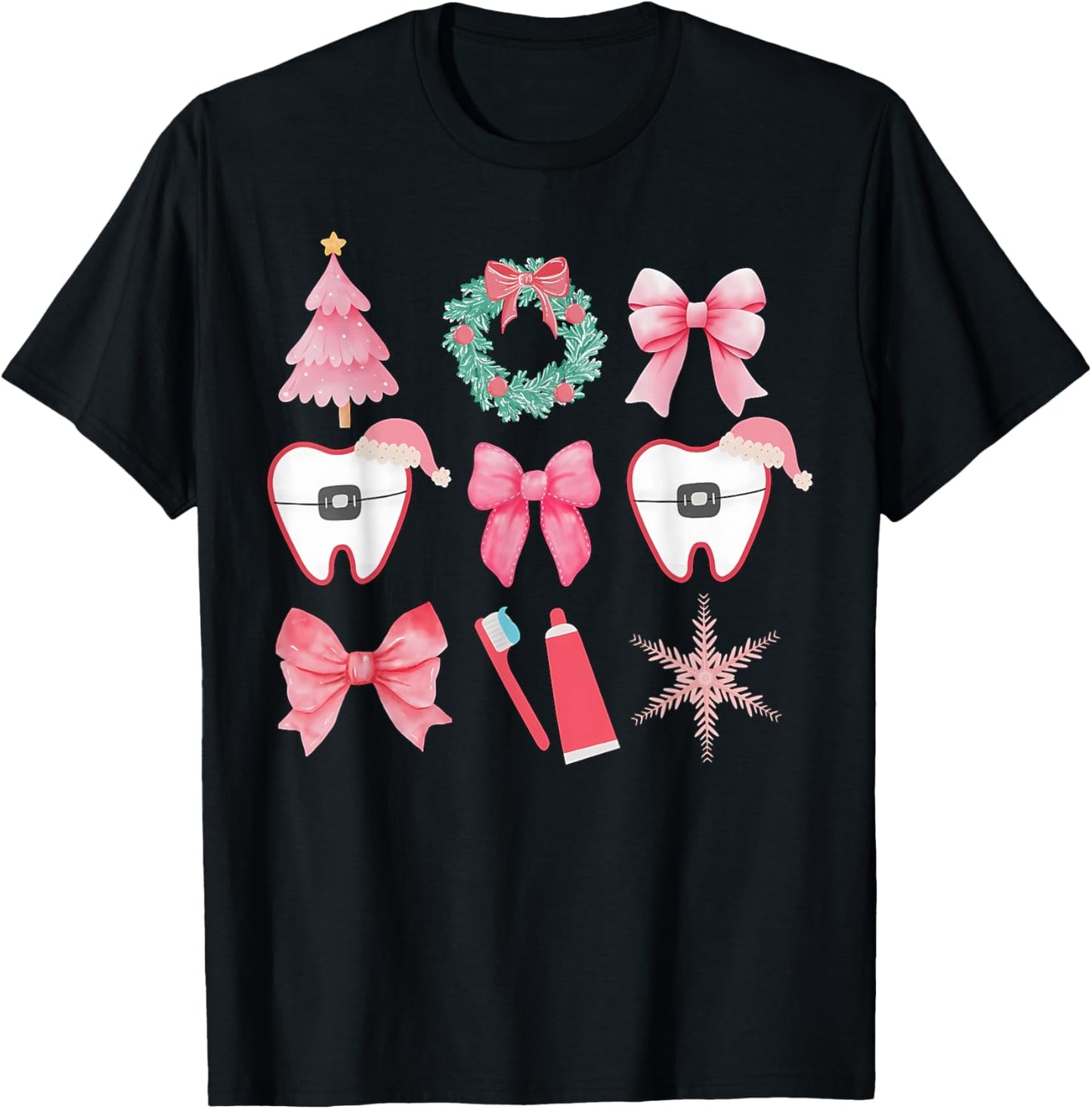 Christmas Coquette Bow Orthodontic Dental Dental Crew T-Shirt - T-Shirt | Black