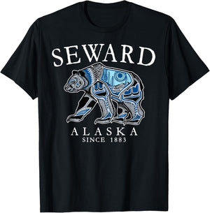 Seward Alaska Tribal Art Bear Since 1883 Retro White Letters T-Shirt - T-Shirt | Black
