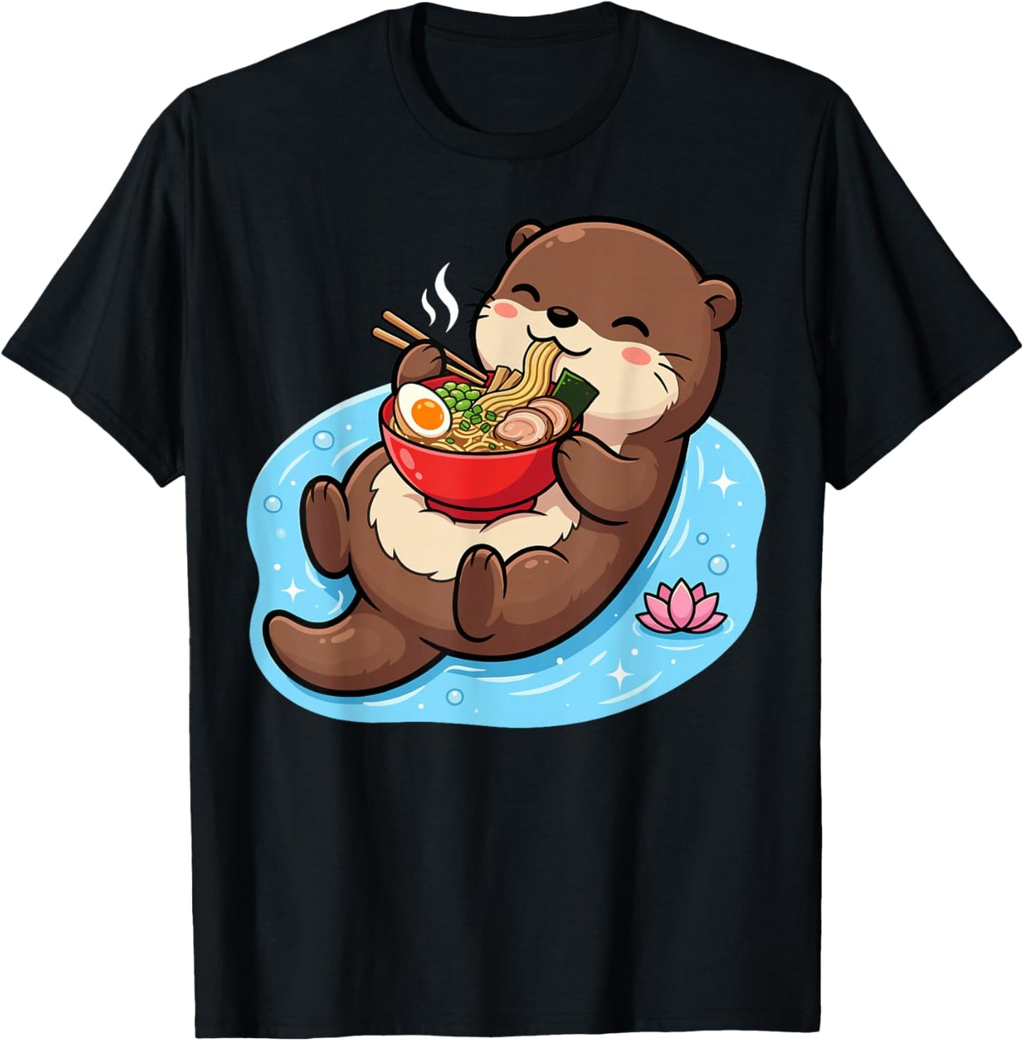 Cute Otter Eating Ramen Bowl Floating in Water T-Shirt - T-Shirt | Black