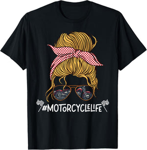 Classic Motorcycle Biker Girl Female Sunglasses Bun Bandana T-Shirt - T-Shirt | Black