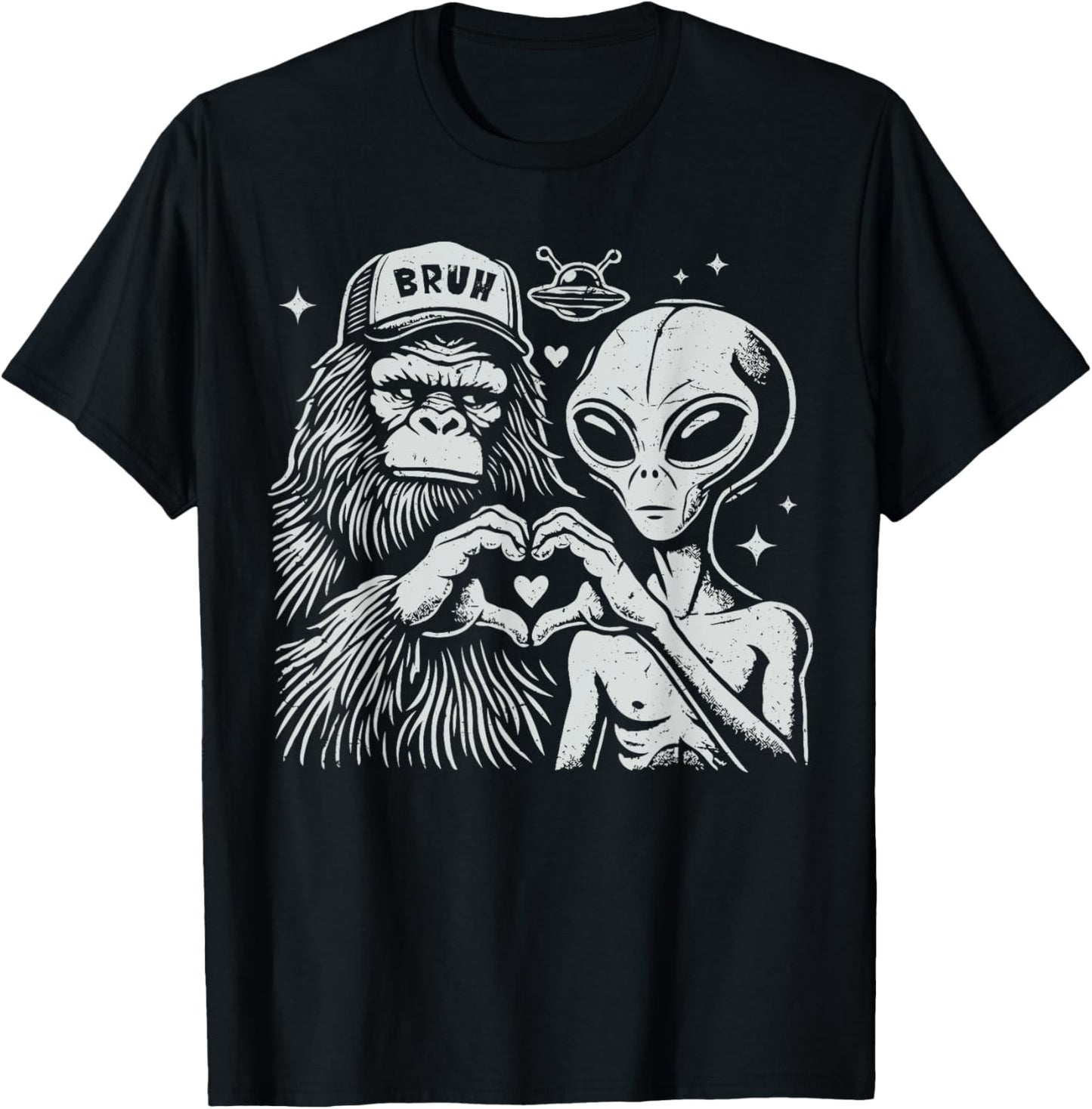 Vintage Funny Bigfoot and Alien Heart Hand Sign T-Shirt - T-Shirt | Black