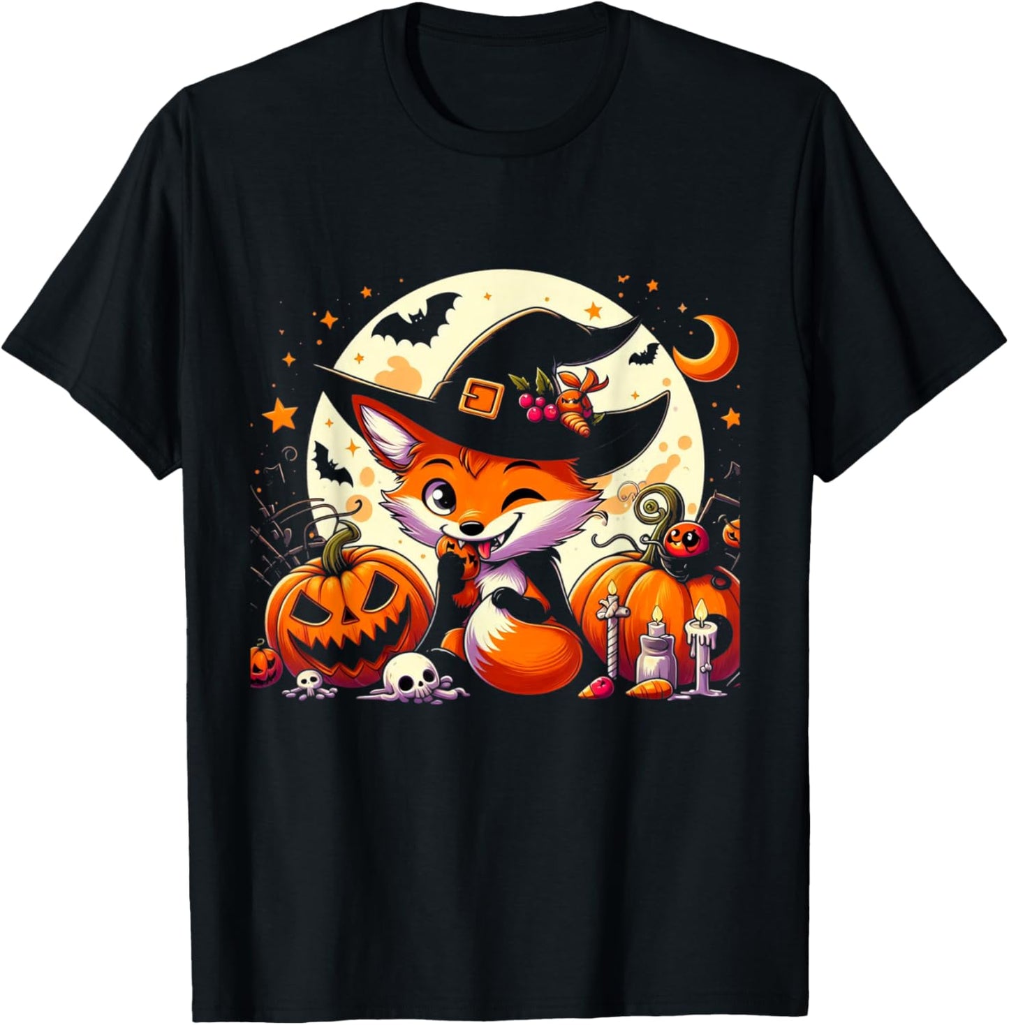 Halloween Fox Witch Pumpkin Fox T-Shirt - T-Shirt | Black