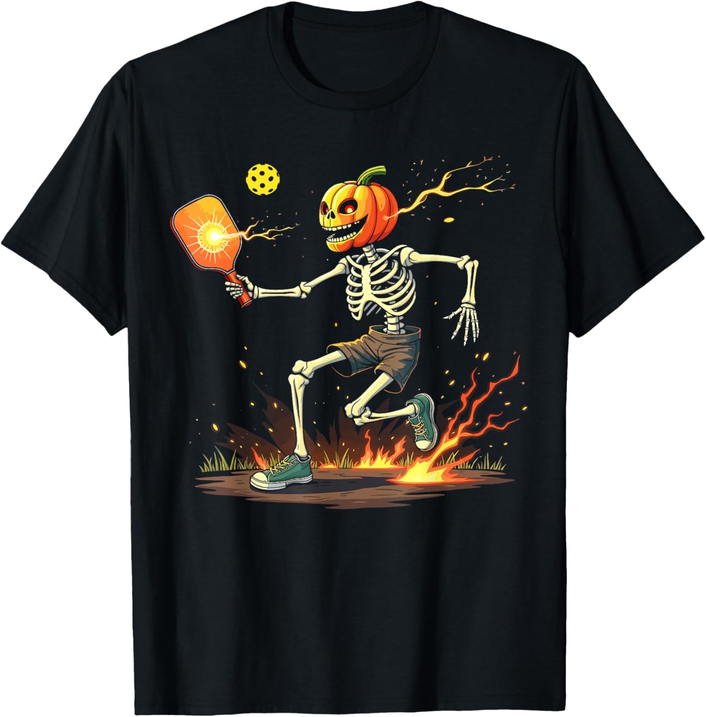 Pumpkin Head Skeleton Pickleball Halloween Spooky Sports T-Shirt - T-Shirt | Black