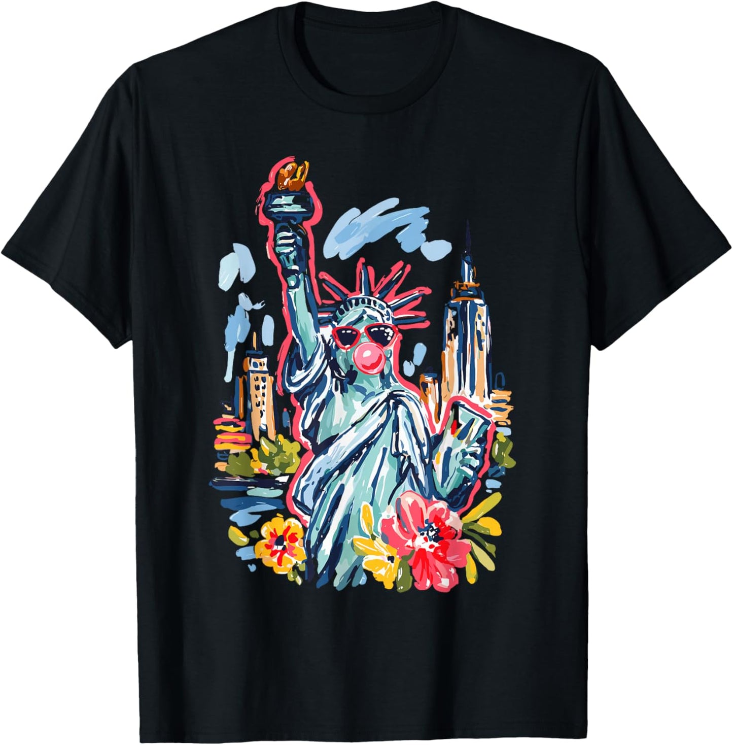 Funny Statue of Liberty Floral America 4th of July Patriotic T-Shirt - T-Shirt | Black