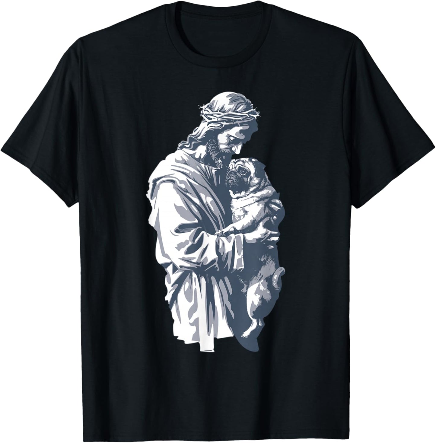 Funny Vintage Jesus Holding Cute Pug Retro 90s Christian T-Shirt - T-Shirt | Black