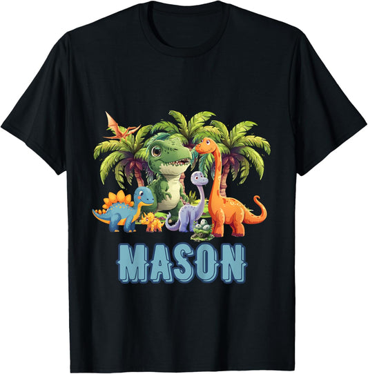 Kids MASON Name Dinosaur Themed Baby Boy Toddler Cute Fun T-Shirt - T-Shirt | Black