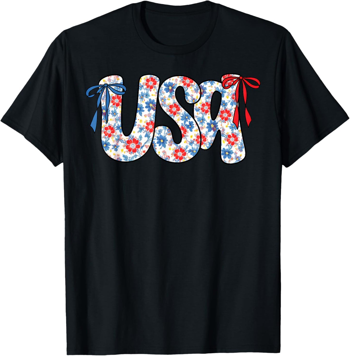 Fourth of July USA Patriotic Floral Coquette Bow Women Girl T-Shirt - T-Shirt | Black