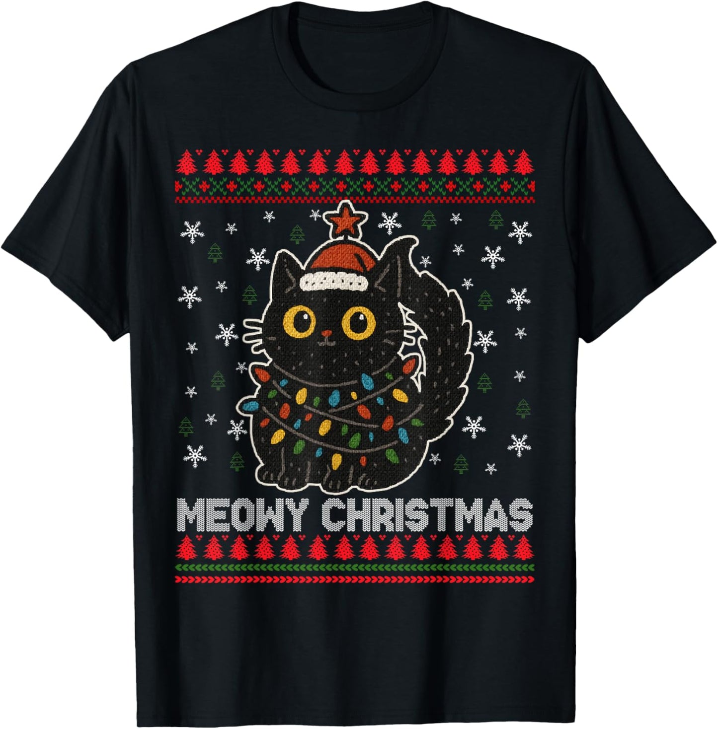 Meowy Christmas Ugly Christmas Sweater Black Cat Xmas Light T-Shirt - T-Shirt | Black