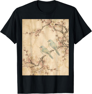 Sakura Blossom Birds Japanese Ink Painting Art T-Shirt - T-Shirt | Black