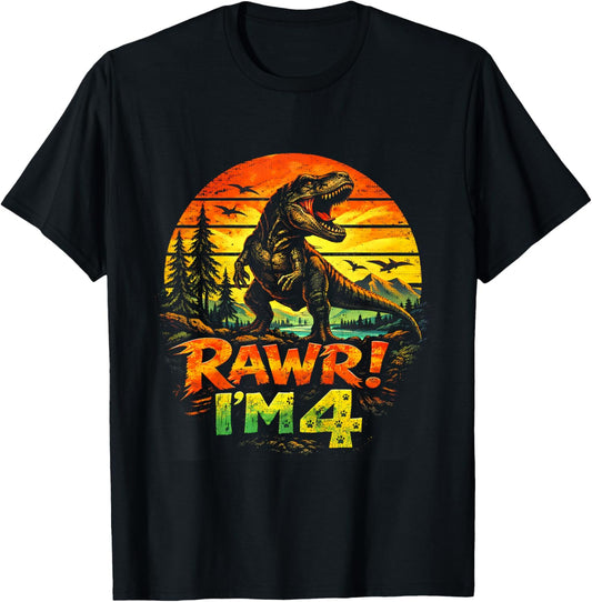 Rawr I'm 4 Dinosaur T Rex 4 Year Old Boys 4th Birthday Party T-Shirt - T-Shirt | Black