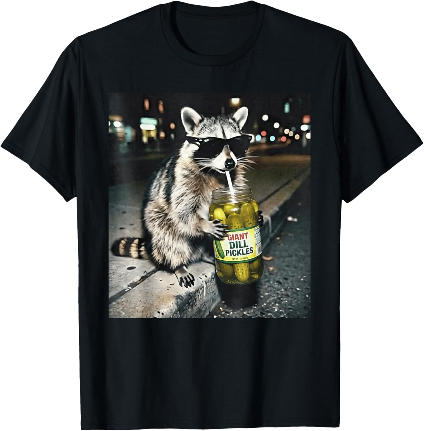Raccoon Drinking Pickles Funny Urban Animal Sunglasses T-Shirt - T-Shirt | Black
