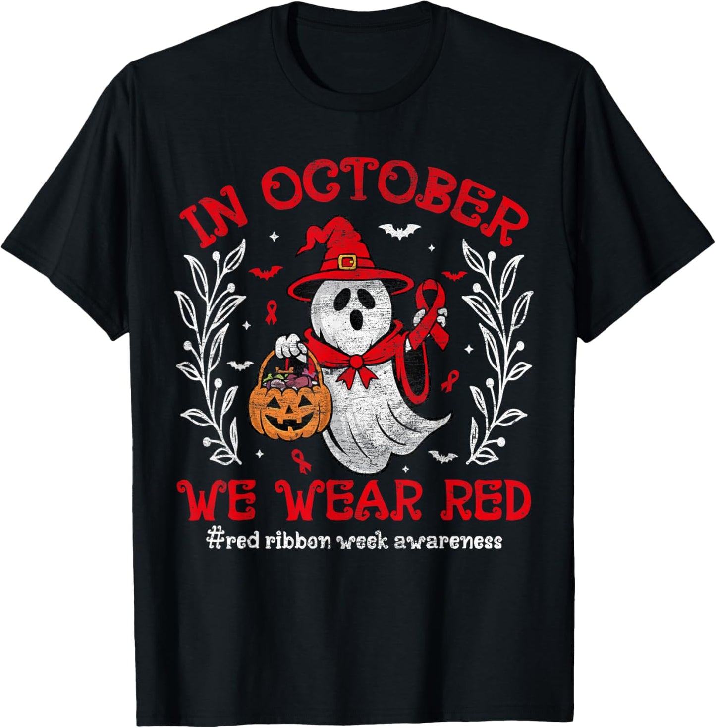In October We Wear Red For Red Ribbon Week Awareness Ghost T-Shirt - T-Shirt | Black