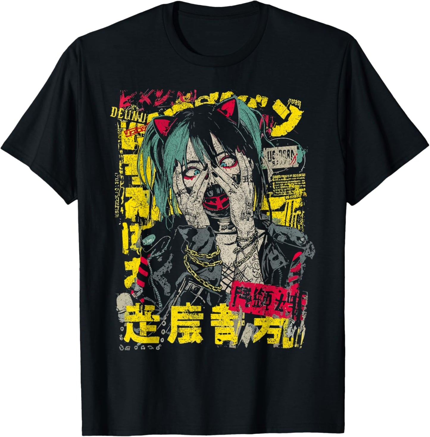 Japanese Streetwear Anime Manga Girl Cyberpunk Y2K Anime T-Shirt - T-Shirt | Black
