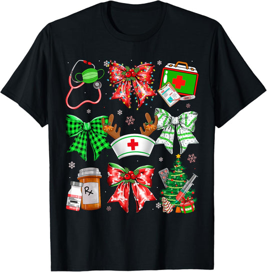 Nurse Coquette Bow Stethoscope Christmas Nursing Xmas PJs T-Shirt - T-Shirt | Black