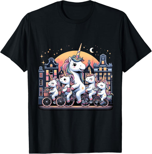 Unicorn Bicycle Amsterdam Netherlands Boys Girls Women Kids T-Shirt - T-Shirt | Black