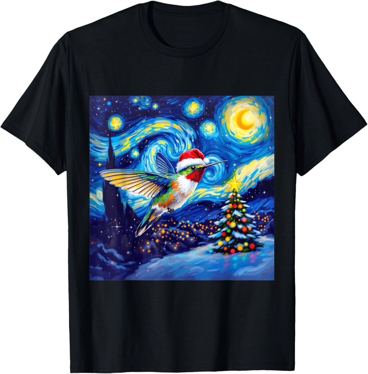 Christmas Hummingbird Santa Hat Van Gogh Starry Night T-Shirt - T-Shirt | Black