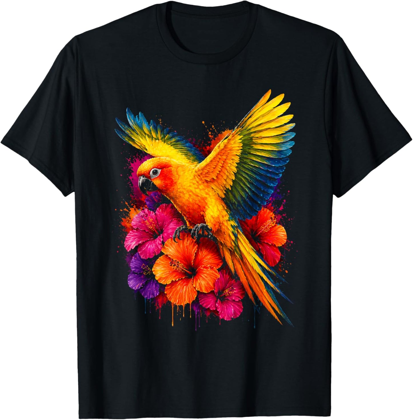 Aquarelle Floral Soleil Conure Hibiscus Fleurs Amoureux des Oiseaux T-Shirt - T-Shirt | Black