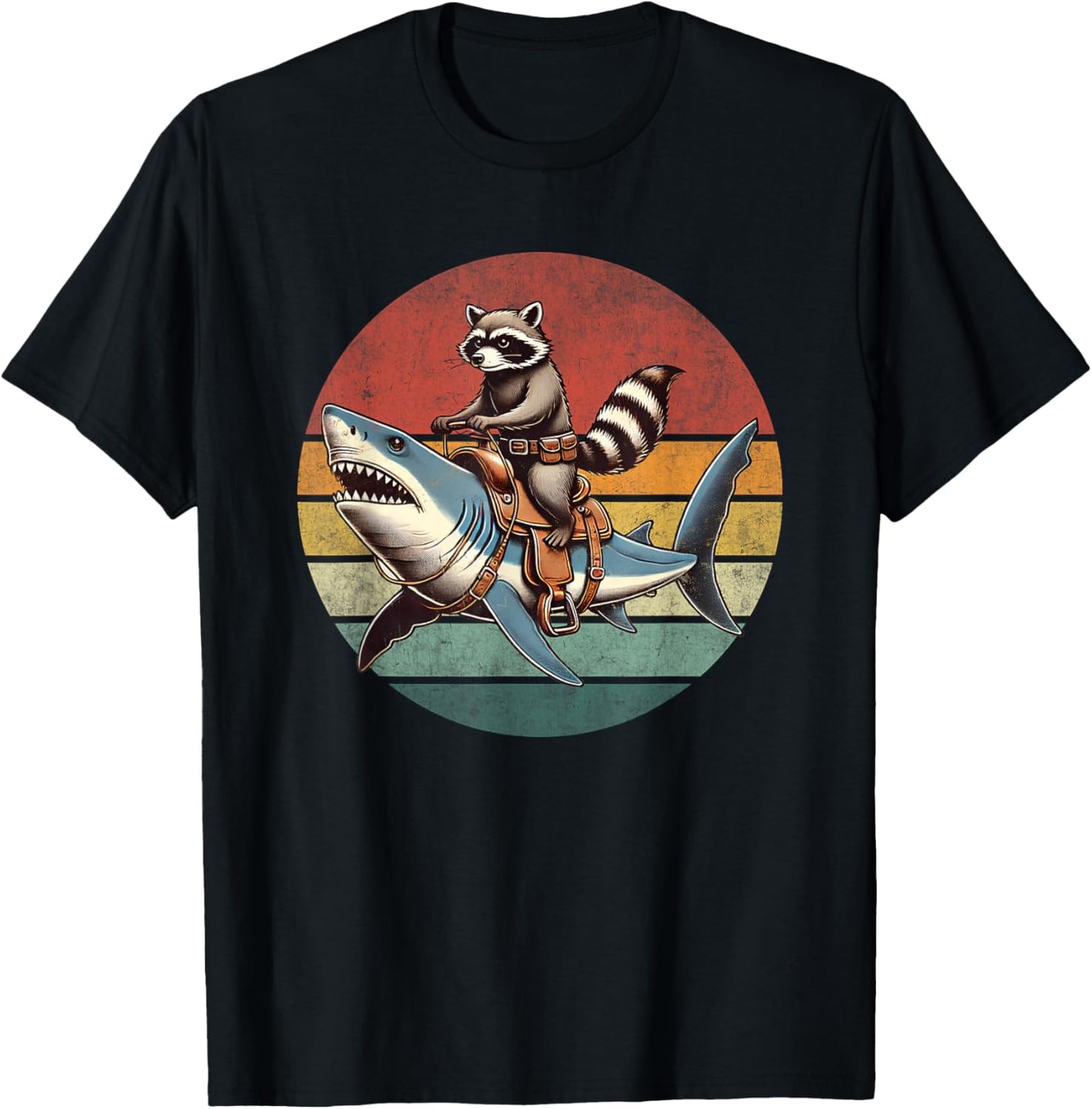 Vintage Raccoon Shark Rider Funny Retro Raccoon Riding Shark T-Shirt - T-Shirt | Black