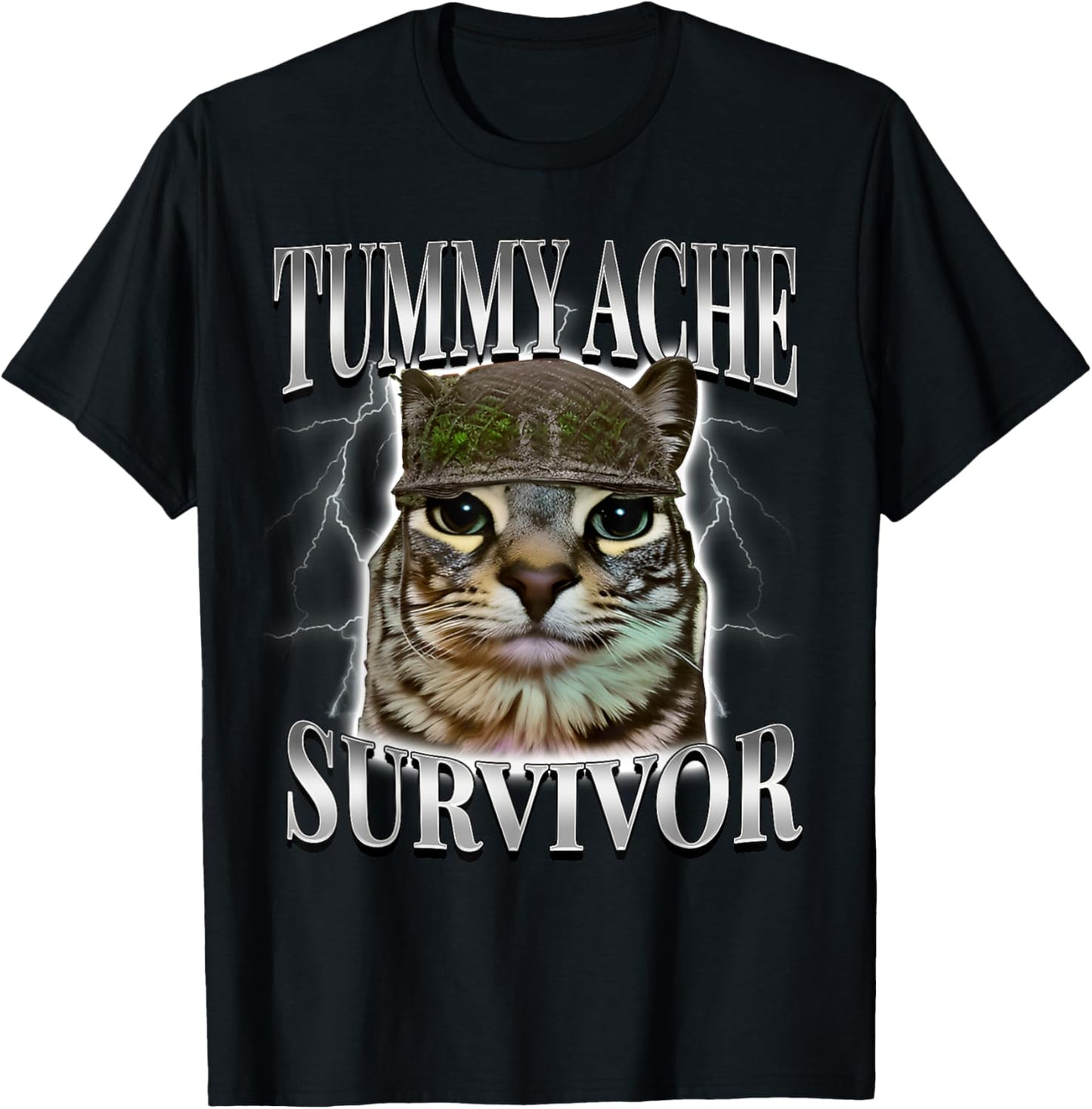 Tummy Ache Survivor Cat Meme Funny Saying Cats Animals T-Shirt - T-Shirt | Black
