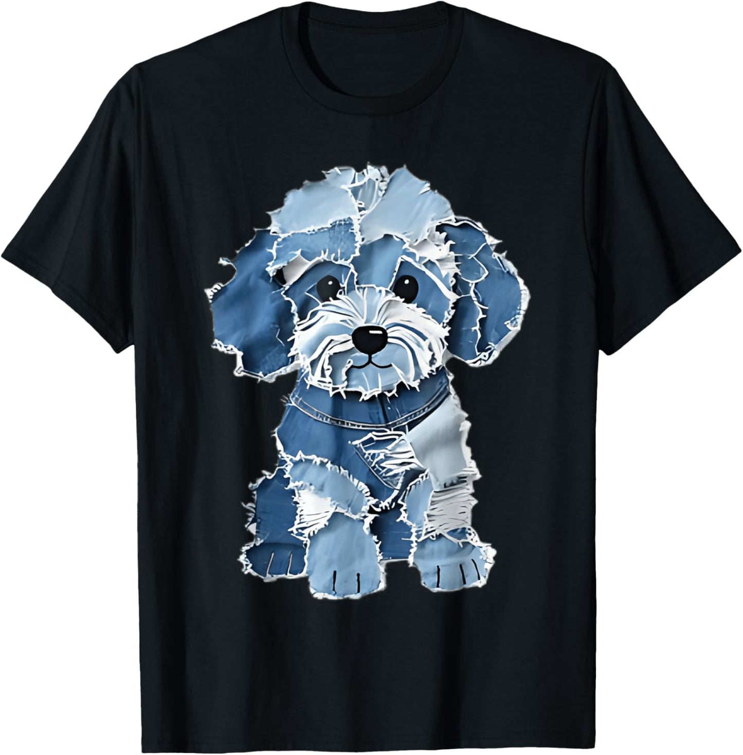 Cute Denim Patchwork Puppy Dog Art T-Shirt - T-Shirt | Black